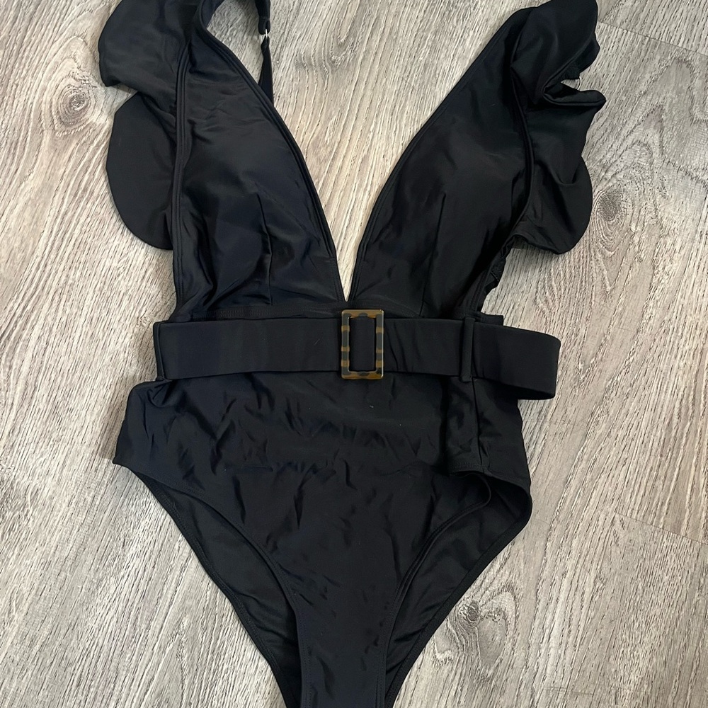 Stylish Black Belted One Piece Swimsuit